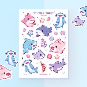 Shark Stickers | A6 Matte Sticker Sheet | Sharkies Stickers | Sea Planner Stickers | Pastel Sharks Stickersheet | Vinyl Sticker Sheet