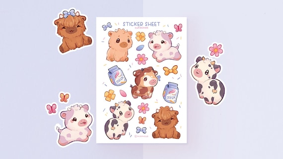 Cutiecows | A6 Matte Sticker Sheet | Cow Stickers | Farm Planner Stickers | Kawaii Highland Cow & Cattle Stickersheet | Vinyl Sticker Sheet