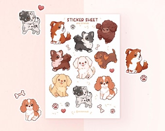 May include: Sticker sheet featuring illustrations of different dog breeds, including a dalmatian, poodle, chihuahua, and dachshund. The sheet is white with pink heart and bone designs. The text "STICKER SHEET" and "Dog Friends" is printed on the sheet.