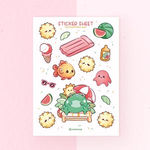 May include: A sticker sheet with summer-themed illustrations. Includes a watermelon slice, ice cream cone, inflatable raft, sunglasses, and a frog relaxing on a beach chair. The text "STICKER SHEET" is at the top.