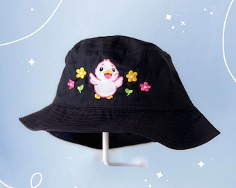 Flower Duck Bucket Hat | Black Y2K Fashion | Kawaii Aesthetic Birthday Gift for Her | Christmas Present for Him | Cute Accessories