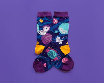 Colorful Space Cat Socks | 35-48 | Cute Funny Sock | Handmade Artist | Kawaii Birthday Gift for Her | Christmas Present for Him | Sock Gift