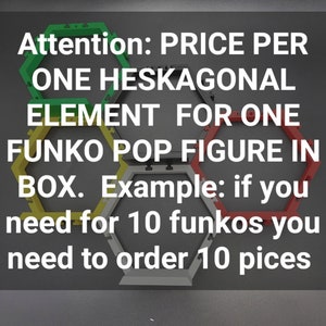 Puede incluir: Primer plano de piezas hexagonales de pl&aacute;stico en rojo, amarillo, verde y blanco. El texto dice: "Atenci&oacute;n: PRECIO POR ELEMENTO HEXAGONAL PARA UNA FIGURA FUNKO POP EN CAJA. Ejemplo: si necesitas 10 Funko, debes pedir 10 piezas."