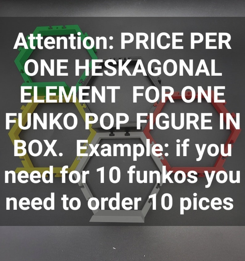 Puede incluir: Primer plano de piezas hexagonales de pl&aacute;stico en rojo, amarillo, verde y blanco. El texto dice: "Atenci&oacute;n: PRECIO POR ELEMENTO HEXAGONAL PARA UNA FIGURA FUNKO POP EN CAJA. Ejemplo: si necesitas 10 Funko, debes pedir 10 piezas."