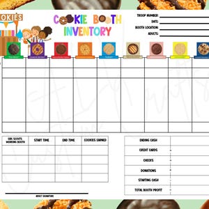 Peut inclure: Une feuille d'inventaire de stand de cookies colorée avec des illustrations de cookies et de jeunes filles scouts. La feuille comprend des sections pour suivre l'inventaire de départ et de fin, le nombre total de paquets et les ventes.