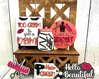Hair Stylist Tiered Tray, Beautician Gift, Hairdresser Decor, Hello Beautiful Sign Set, Salon Decor, Stylist Gift, Beauty Salon, Hair