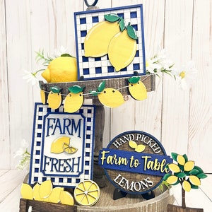 Lemon Tiered Tray, Lemon Decor For Kitchen, Farmhouse Decor Kitchen, Spring Tiered Tray, Spring Decor For Tiered Tray, Spring Decor For Home