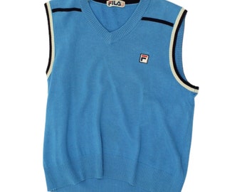 Fila Mens Blue Knitted Wool V Neck Sweater Vest | Vintage 80s Sportswear VTG