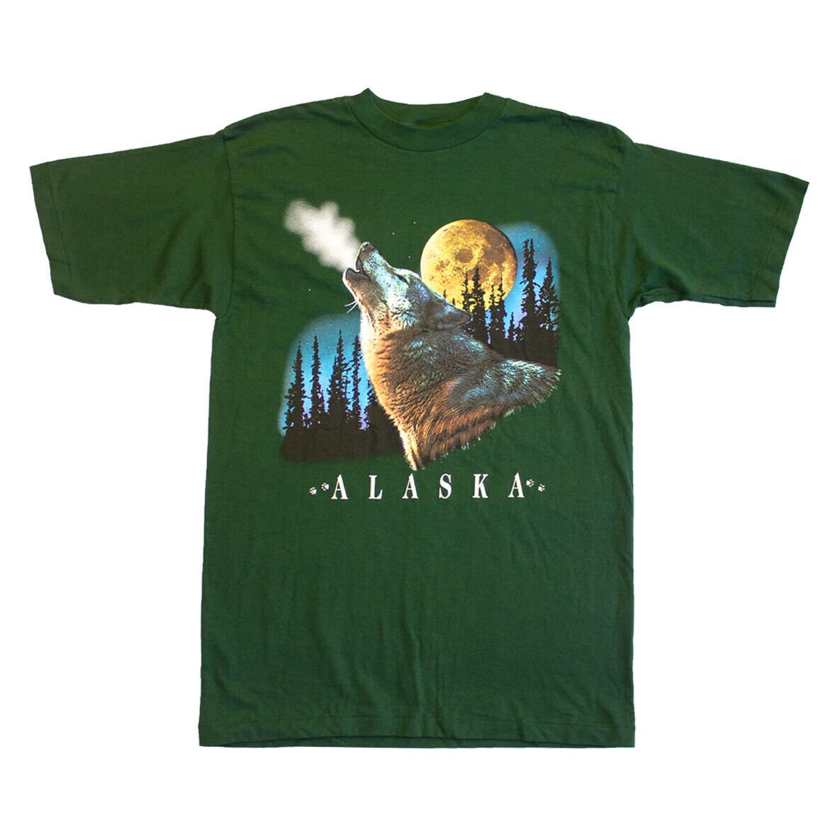 Image of Alaska Moonlight Howling Wolf Tshirt | Vintage 90S Single Stitch Nature Green