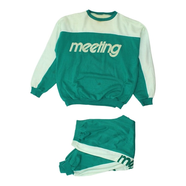 Meeting Mens Green White 2 Piece Tracksuit | Vintage 80s Sweatshirt Track Pants