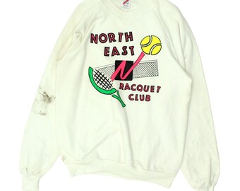 North East Racquet Club Mens White Jerzees Sweatshirt | Vintage 80s Tennis VTG