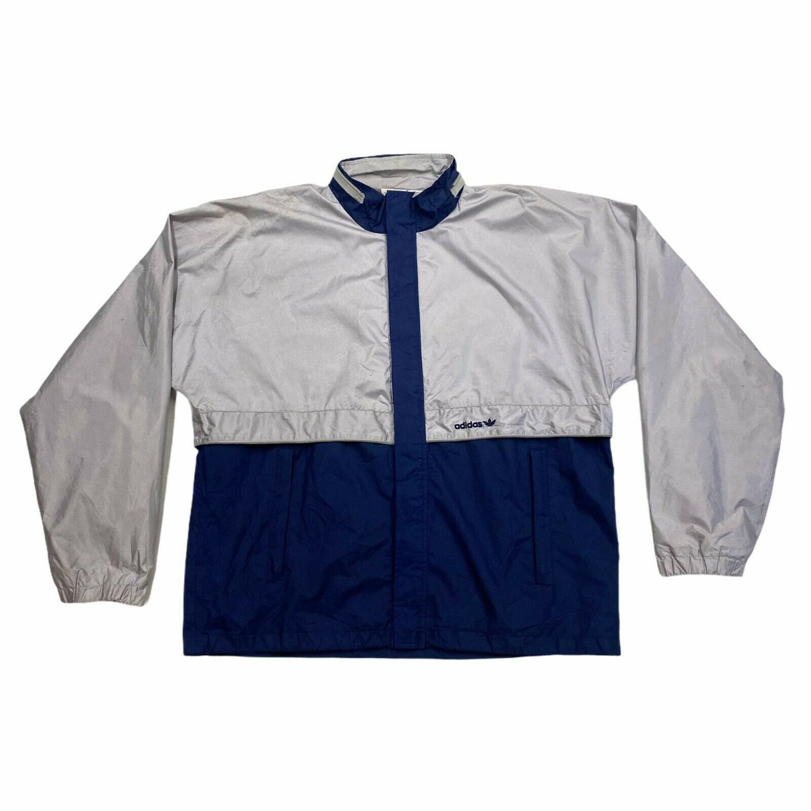 Adidas Nylon Rain Jacket | Vintage 80s Retro Activewear Coat Large Grey Navy Vtg