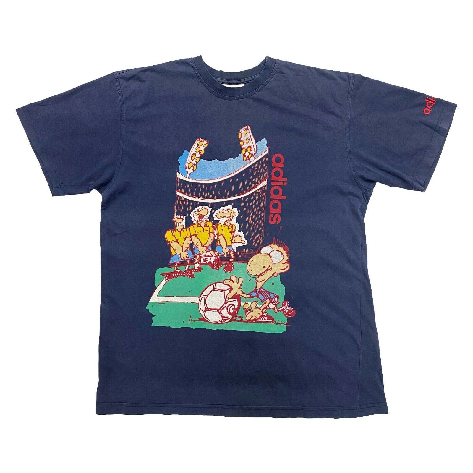 Image of Adidas Football Cartoon Print Tshirt | Vintage 90S Sports Brand Retro Navy Vtg