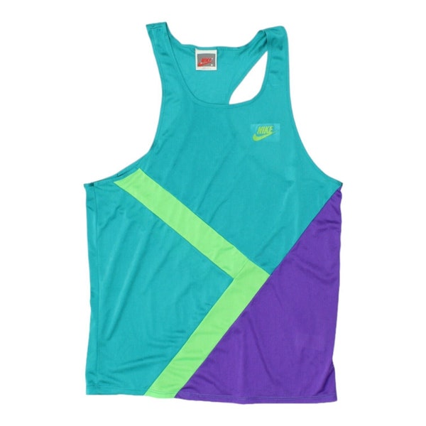 Nike Mens Green Polyester Tank Top Vest | Vintage 80s Running Sportswear VTG