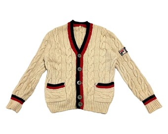 Fila Bjorn Borg Knit Wool Cardigan | Vintage 80s Sportswear Jumper Sweater Cream