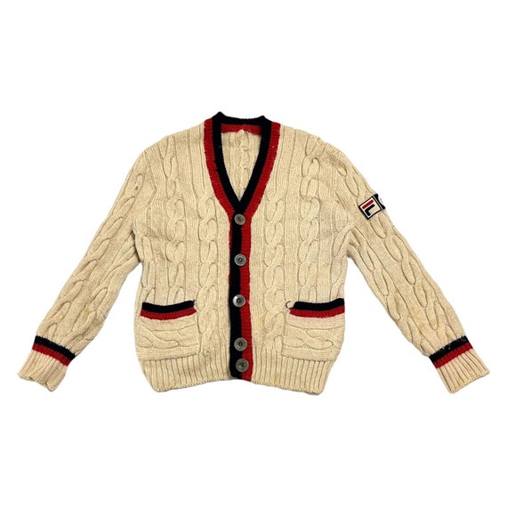 Fila Bjorn Borg Knit Wool Cardigan Vintage 80s Sportswear Jumper Sweater  Cream 