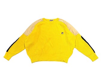 Fila Cotton Knit Sweatshirt | Vintage 90s Retro Sportswear Jumper Sweater Yellow