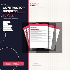 Könnte beinhalten: Grafikdesign für ein Contractor Business Bundle. Das Design zeigt den Text "CONTRACTOR BUSINESS BUNDLE" mit "5 Professional Templates". Das Bild enthält einen Stapel Projekt-Checklisten und den Text "INSTANT DOWNLOAD".