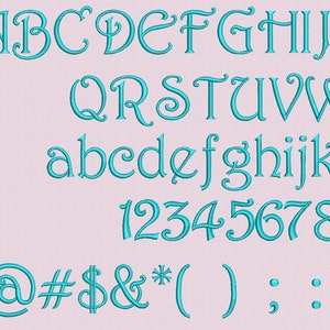Può includere: Un alfabeto di font blu turchese con lettere maiuscole e minuscole, numeri e segni di punteggiatura. Il font è decorativo e ha uno stile di scrittura.
