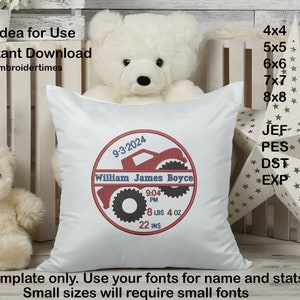 Stickdatei, Datei, Geburtsurkunde, Geburtsdaten, LKW, Junge, Geländewagen, PES, VP3, DST, Exp, Kinderzimmer, Dekor, Baby, Babyparty, Baby Geschenk