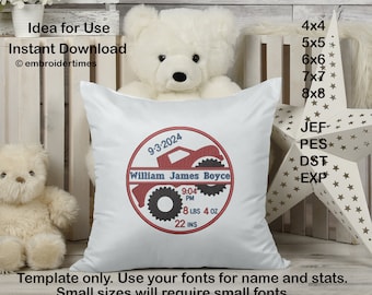 May include: White pillow with a red, blue, and black embroidered monster truck design. The design includes the date 9-3-2024, the name William James Boyce, and the stats 9:04 PM, 8 lbs 4 oz, and 22 ins.