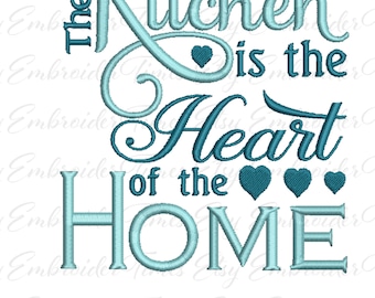 May include: Embroidered design in blue and teal colors that reads "The Kitchen is the Heart of the Home".