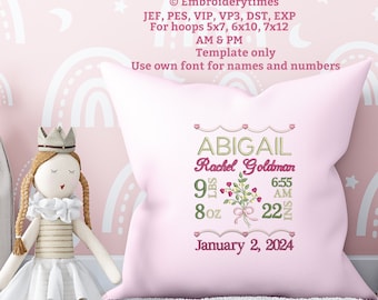 May include: Pink embroidered pillow with the name Abigail, Rachel Goldman, birth date January 2, 2024, weight 9 lbs 8 oz, and time 6:55 AM, 22 inches.