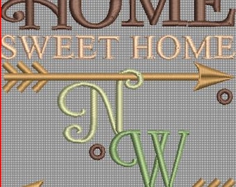 May include: Home sweet home embroidery design with two gold arrows and the initials "N.C.W." in green and brown.