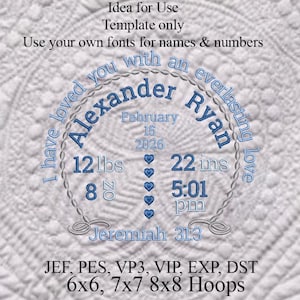 Machine Embroidery Birth Announcement Statistics, Everlasting Love (Jeremiah 31:3)