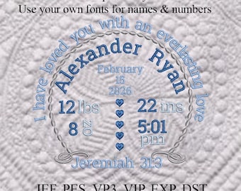 Machine Embroidery Birth Announcement Statistics, Everlasting Love (Jeremiah 31:3)