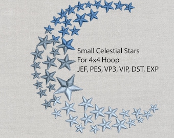 May include: A design for a 4x4 inch embroidery hoop featuring a crescent moon shape made of blue and gray stars. The text "Small Celestial Stars" and "JEF, PES, VP3, VIP, DST, EXP" is below the design.