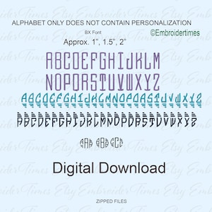 May include: A digital download of a font alphabet in three different styles. The font is in purple, teal, and black. The text reads "Alphabet only does not contain personalisation. BX Font. Approx. 1", 1.5", 2". @Embroidertimes. Digital Download. Zipped Files."