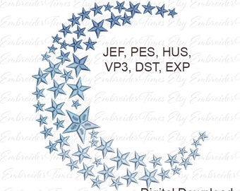 May include: A crescent moon shape made of blue stars in various shades of blue. The image includes the text "JEF, PES, HUS, VP3, DST, EXP" and "Digital Download".