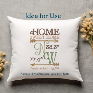 Home Sweet Home, machinaal borduren, GPS, alle formaten, meerdere maten, borduurbestand, digitale download, kussenontwerp, PES en andere.