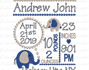 Elephant Birth Stat Embroidery File, 5x7 Hoop (Digital Download)