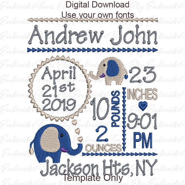 Elephant Birth Stat Embroidery File, 5x7 Hoop (Digital Download)