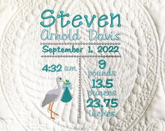 May include: A white baby blanket with a blue embroidered stork carrying a baby bundle. The blanket also has the text "Steven Arnold Davis", "September 1, 2022", "4:32 am", "9 pounds", "13.5 ounces", and "23.75 inches".