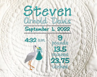 Stork Birth Announcment, Machine Embroidery, Birth Certificate, Birth Announcement,  Baby Embroider File,Multiple Sizes, Popular Formats