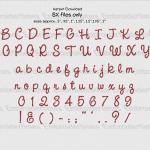May include: Red embroidery font alphabet with uppercase and lowercase letters, numbers, and punctuation marks. The font is a handwritten style. The sizes are approximately 0.5 inches to 2 inches.