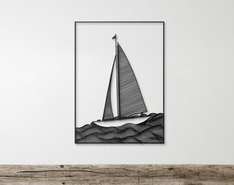 Wandbild Segelboot | Maritime Wanddekoration aus Metall | Modernes Segelboot auf Wellen | Küstenhaus-Dekoration | Wandbehang für Strandhäuser