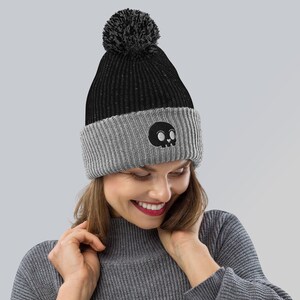 Embroidered Skull Pom-Pom Beanie Halloween Hat Skull Hat Halloween Gift For Girlfriend Gift For Her Skull Gift Winter Hat Christmas Gift