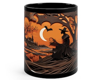 Taza de Halloween con bruja sentada: decoración de temporada espeluznante