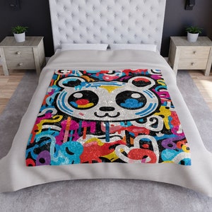 Colorful Panda Blanket, Panda Art, Graffiti Art, Panda Gift, Panda Decor, Home Decor, Nursery Decor, Crushed Velvet Blanket