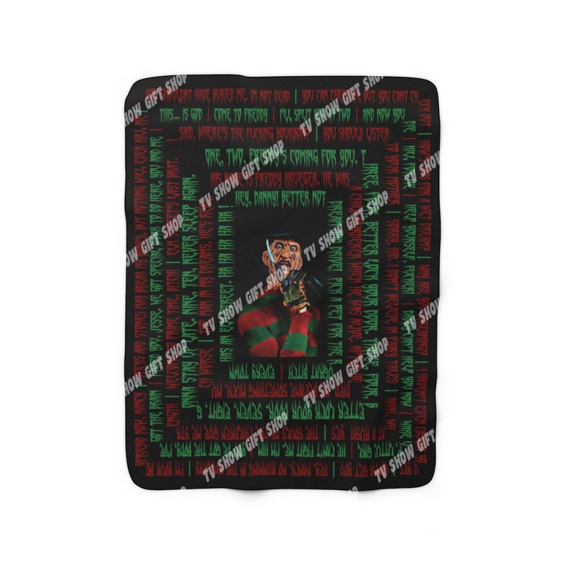 May include: Black and red blanket with a graphic print of Freddy Krueger from the movie "A Nightmare on Elm Street". The text "One, two, Freddy's coming for you..." is printed on the blanket.