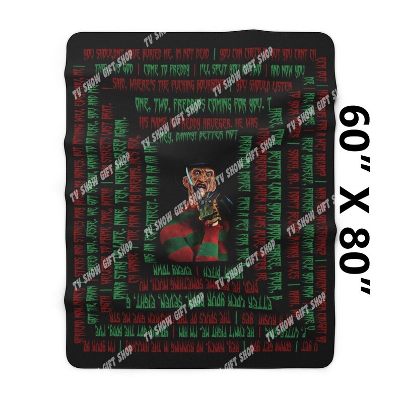 May include: A black and red throw blanket with a graphic of Freddy Krueger from the movie "A Nightmare on Elm Street". The blanket features a repeating pattern of text from the movie, including the famous line "One, two, Freddy's coming for you".