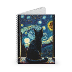 May include: A black cat sits in a window looking out at a starry night sky. The sky is painted in a swirling blue and yellow pattern, reminiscent of Vincent van Gogh's "Starry Night".