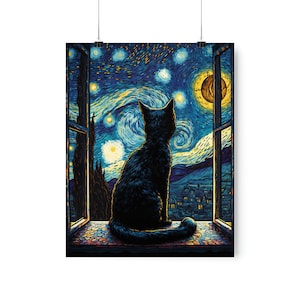 Starry Night Cat Art Print: Van Gogh Style Funny Cat Poster image 2