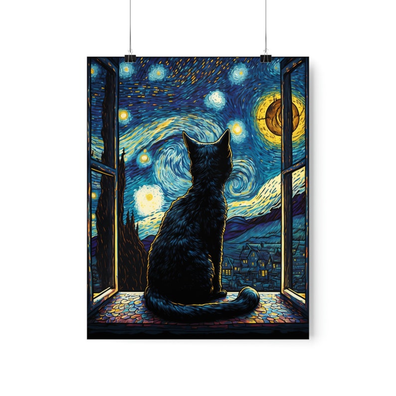 Starry Night Cat Art Print: Van Gogh Style Funny Cat Poster image 2