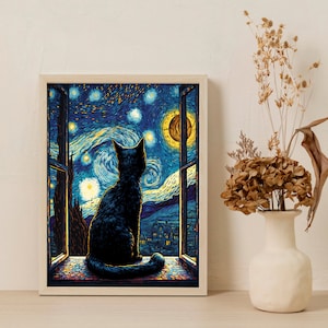 May include: A black cat sits in a window looking out at a starry night sky. The window is framed in white and the cat is silhouetted against the blue and white sky. The painting is reminiscent of Vincent van Gogh's "Starry Night."