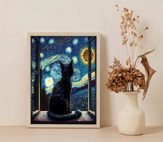 Starry Night Cat Art Print: Van Gogh Style Funny Cat Poster